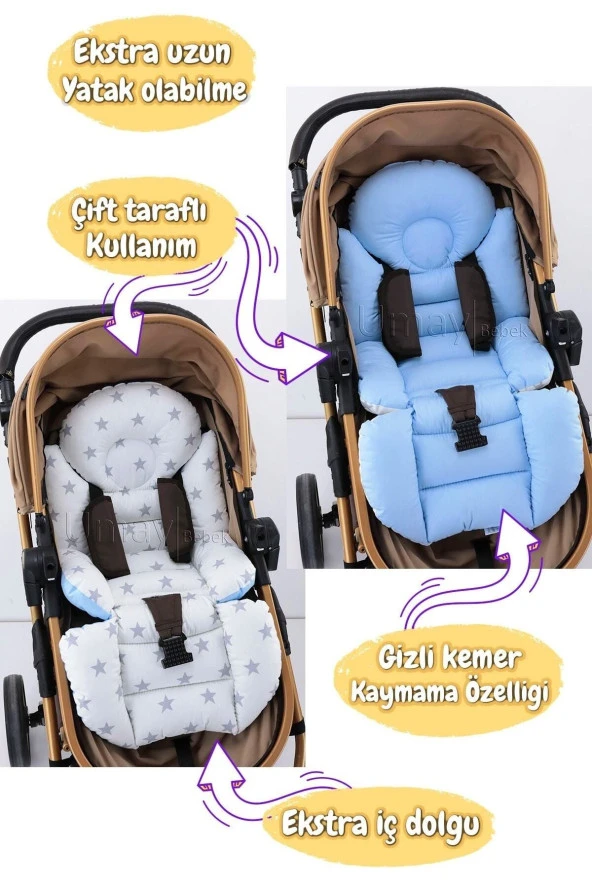 Umaybebek 4 Parça - Puset Örtüsü, Bel Destekli Bebek Arabası Minderi, Puset Minderi, Puset Çarşafı - Panço-Mavi Beyaz P - Resim 2