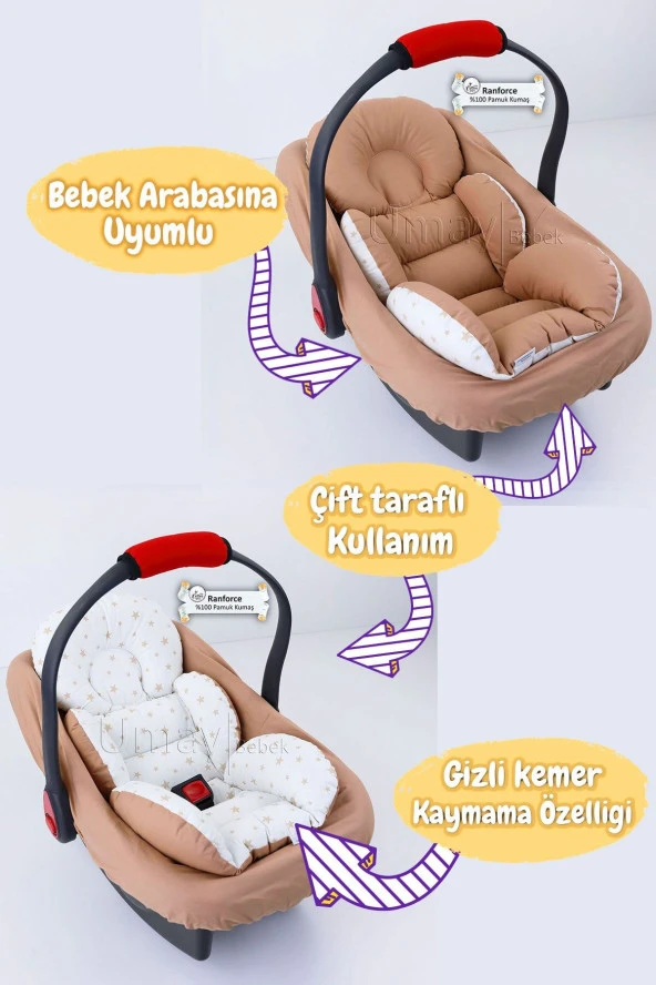 Umaybebek 4 Parça - Puset Örtüsü, Bel Destekli Bebek Arabası Minderi, Puset Minderi, Puset Çarşafı - Panço-Kahve P - Resim 3