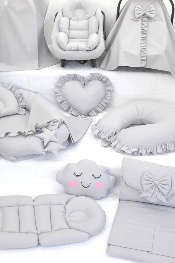 Umaybebek Babynest Puset Örtüsü Alt Açma Emzirme Yastığı Bel Destekli Ana Kucağı Bebek Arabası Minderi-panço-Gri Fırfırlı P - 3