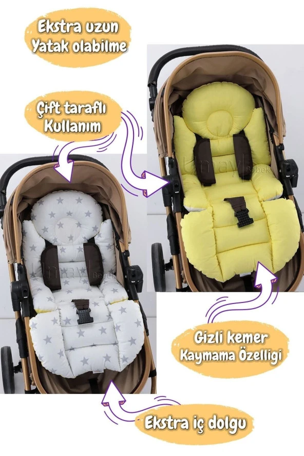 Umaybebek 4 Parça - Puset Örtüsü, Bel Destekli Bebek Arabası Minderi, Puset Minderi, Puset Çarşafı - Tutmalı-Sarı Beyaz T - 2
