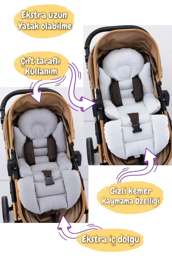 Umaybebek 4 Parça - Puset Örtüsü, Bel Destekli Bebek Arabası Minderi, Puset Minderi, Puset Çarşafı - Panço-Gri Krem P - 2