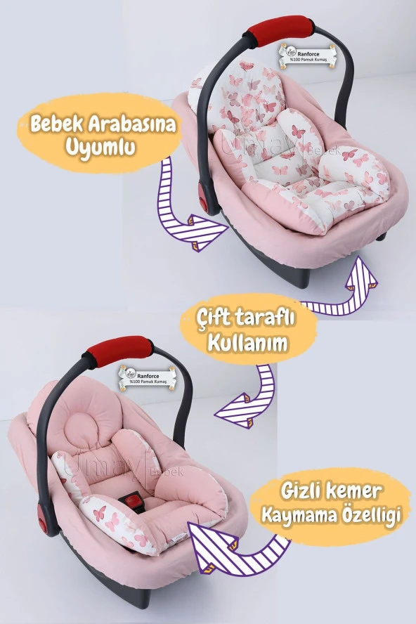 Umaybebek 4 Parça - Puset Örtüsü, Bel Destekli Bebek Arabası Minderi, Puset Minderi, Puset Çarşafı - Tutmalı-Pudra Kelebek T - 3