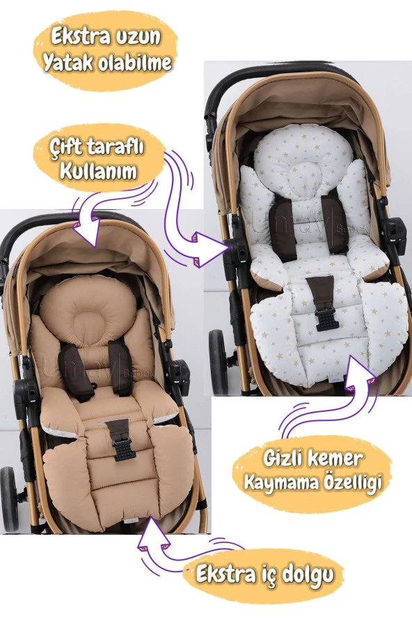 Umaybebek 4 Parça - Puset Örtüsü, Bel Destekli Bebek Arabası Minderi, Puset Minderi, Puset Çarşafı - Tutmalı-Kahve T - Resim 2