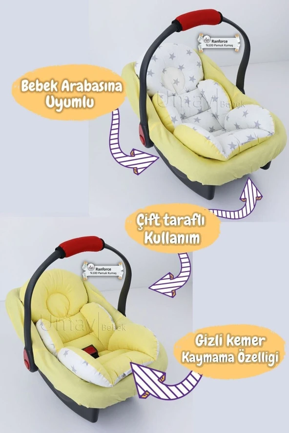 Umaybebek 4 Parça - Puset Örtüsü, Bel Destekli Bebek Arabası Minderi, Puset Minderi, Puset Çarşafı - Tutmalı-Sarı Beyaz T - 3