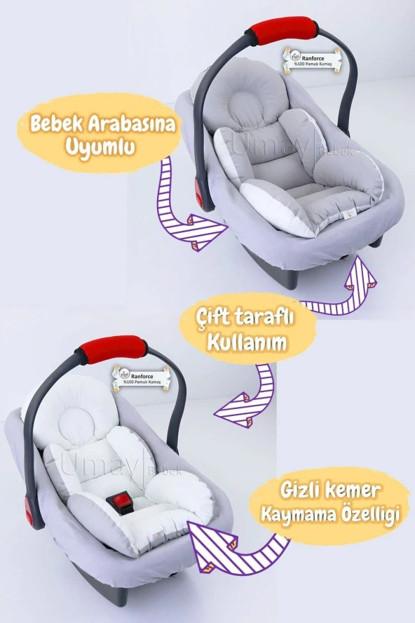 Umaybebek 4 Parça - Puset Örtüsü, Bel Destekli Bebek Arabası Minderi, Puset Minderi, Puset Çarşafı - Panço-Gri Krem P - 3