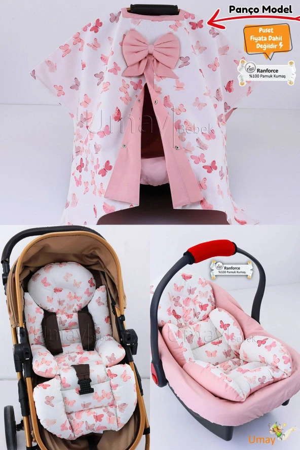 Umaybebek 4 Parça - Puset Örtüsü, Bel Destekli Bebek Arabası Minderi, Puset Minderi, Puset Çarşafı - Panço-Pudra Kelebek P