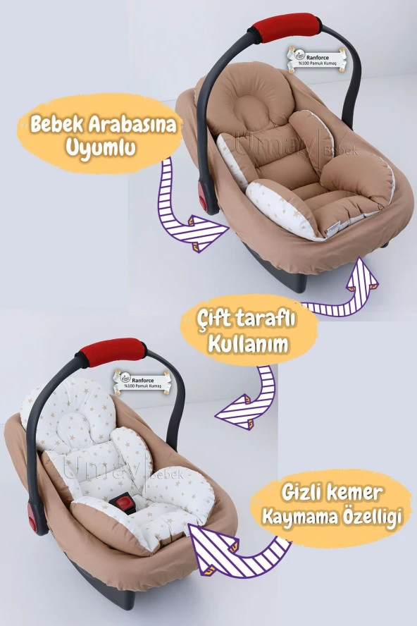 Umaybebek 4 Parça - Puset Örtüsü, Bel Destekli Bebek Arabası Minderi, Puset Minderi, Puset Çarşafı - Tutmalı-Kahve T - Resim 3