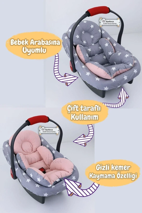 Umaybebek 4 Parça - Puset Örtüsü, Bel Destekli Bebek Arabası Minderi, Puset Minderi, Puset Çarşafı - Tutmalı-Koyu Gri Pudra T - 3