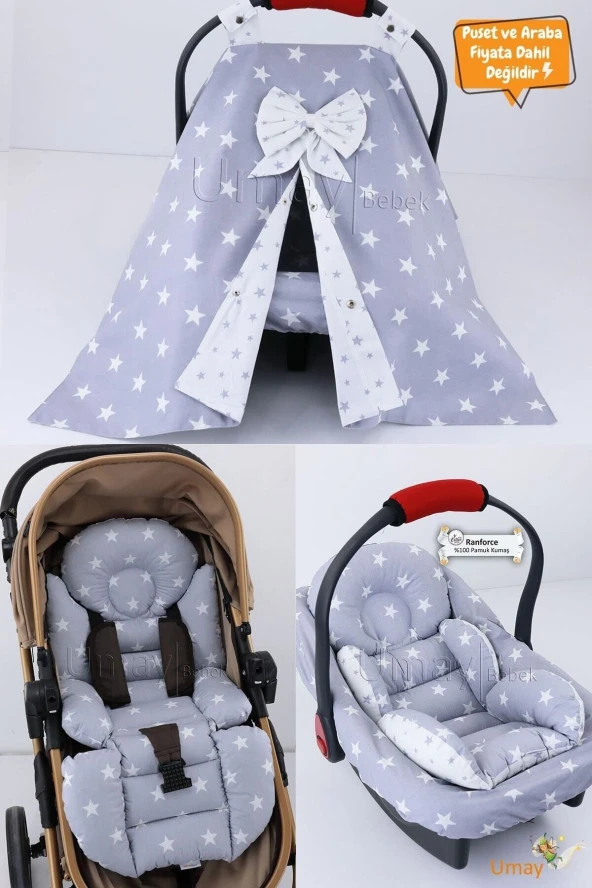 Umaybebek 4 Parça - Puset Örtüsü, Bel Destekli Bebek Arabası Minderi, Puset Minderi, Puset Çarşafı - Tutmalı-Çok Renkli