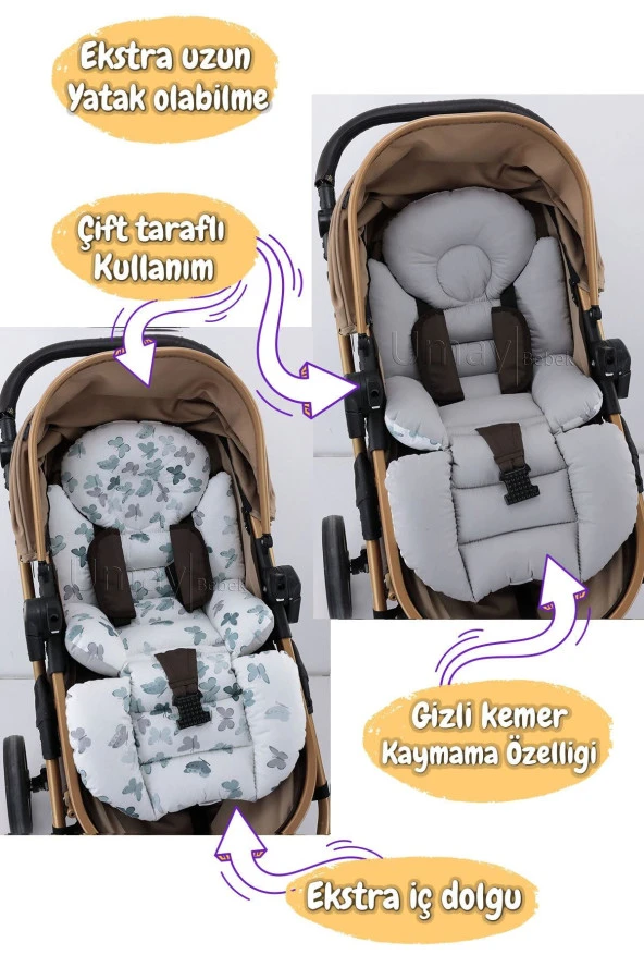 Umaybebek 4 Parça - Puset Örtüsü, Bel Destekli Bebek Arabası Minderi, Puset Minderi, Puset Çarşafı - Tutmalı-Yeşil Kelebek T - Resim 2