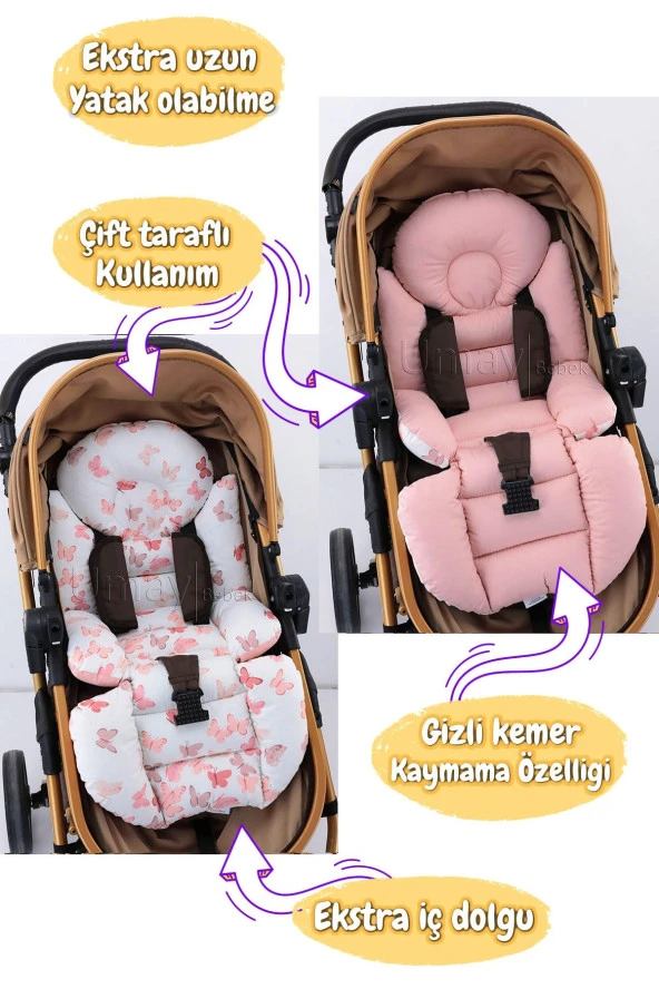 Umaybebek 4 Parça - Puset Örtüsü, Bel Destekli Bebek Arabası Minderi, Puset Minderi, Puset Çarşafı - Panço-Pudra Kelebek P - 2