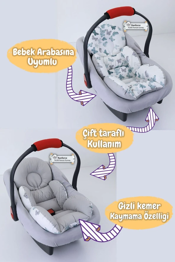 Umaybebek 4 Parça - Puset Örtüsü, Bel Destekli Bebek Arabası Minderi, Puset Minderi, Puset Çarşafı - Tutmalı-Yeşil Kelebek T - Resim 3