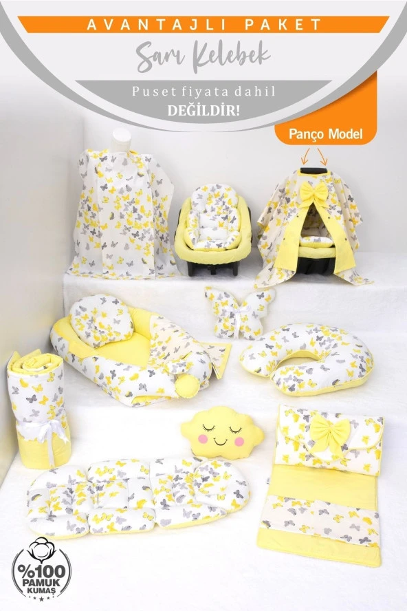 Umaybebek Babynest Puset Örtüsü Alt Açma Emzirme Yastığı Bel Destekli Ana Kucağı Bebek Arabası Minderi-panço-Sarı Kelebek P - 2