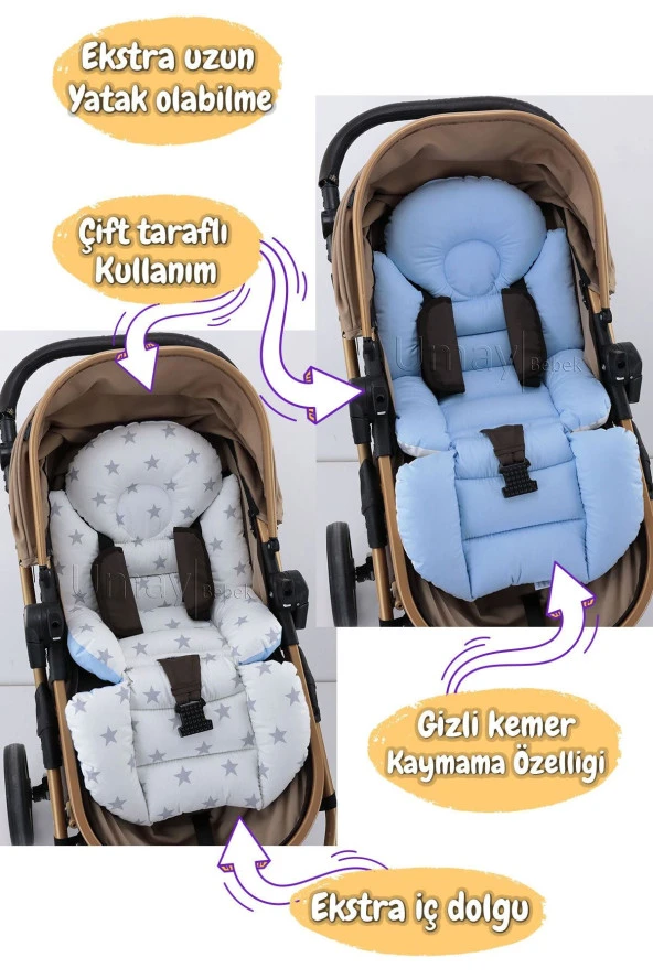 Umaybebek 4 Parça - Puset Örtüsü, Bel Destekli Bebek Arabası Minderi, Puset Minderi, Puset Çarşafı - Tutmalı-Mavi Beyaz T - 2