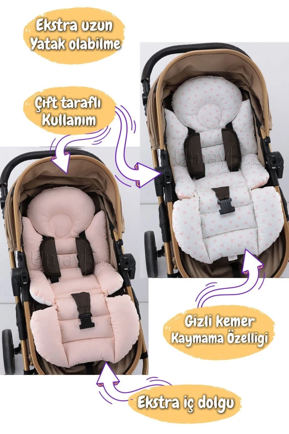 Umaybebek 4 Parça - Puset Örtüsü, Bel Destekli Bebek Arabası Minderi, Puset Minderi, Puset Çarşafı - Tutmalı-Bebepembe T - 2