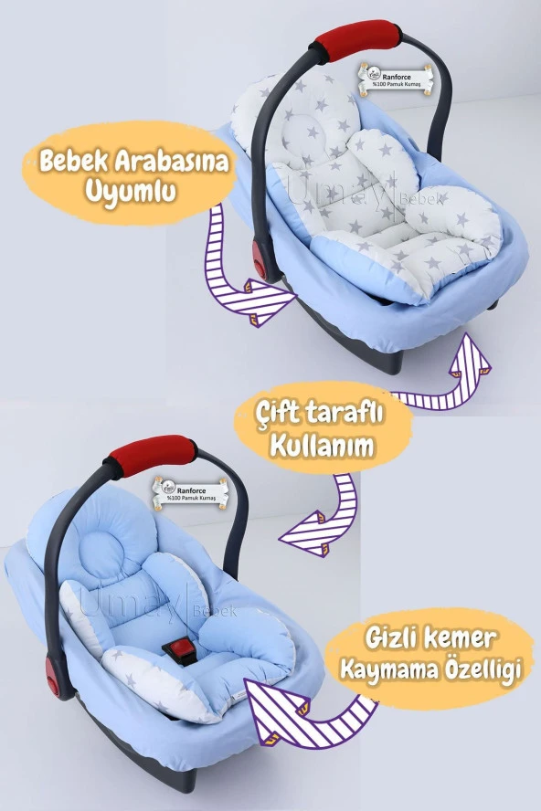 Umaybebek 4 Parça - Puset Örtüsü, Bel Destekli Bebek Arabası Minderi, Puset Minderi, Puset Çarşafı - Tutmalı-Mavi Beyaz T - 3