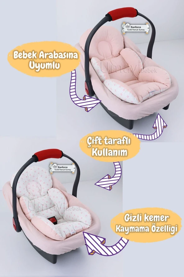 Umaybebek 4 Parça - Puset Örtüsü, Bel Destekli Bebek Arabası Minderi, Puset Minderi, Puset Çarşafı - Tutmalı-Bebepembe T - 3