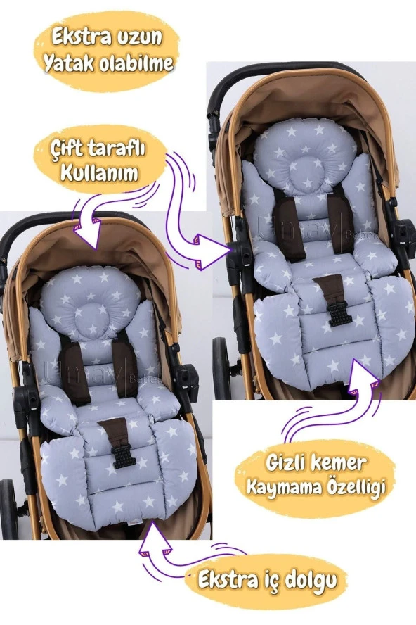 Umaybebek 4 Parça - Puset Örtüsü, Bel Destekli Bebek Arabası Minderi, Puset Minderi, Puset Çarşafı - Panço-Açık Gri Mavi P - 2