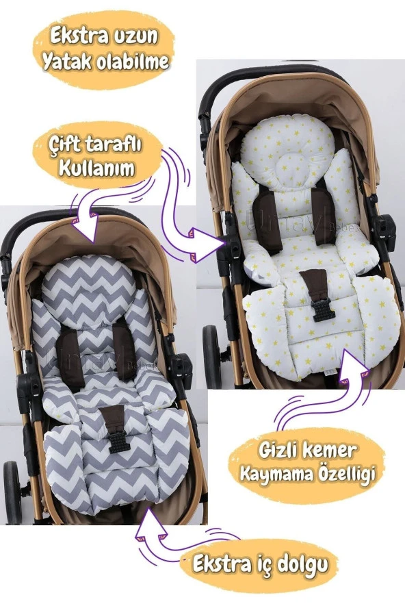 Umaybebek 4 Parça - Puset Örtüsü, Bel Destekli Bebek Arabası Minderi, Puset Minderi, Puset Çarşafı - Tutmalı-Gri Zikzak T - 2
