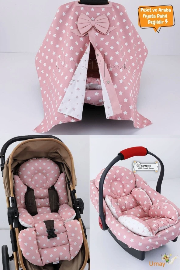 Umaybebek 4 Parça - Puset Örtüsü, Bel Destekli Bebek Arabası Minderi, Puset Minderi, Puset Çarşafı - Panço-Pudra Yıldız P