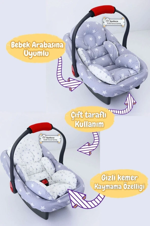 Umaybebek 4 Parça - Puset Örtüsü, Bel Destekli Bebek Arabası Minderi, Puset Minderi, Puset Çarşafı - Panço-Açık Gri Mavi P - 3