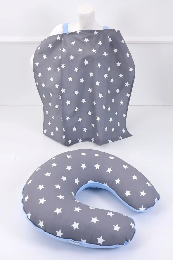 Umaybebek Emzirme Yastığı, Emzirme Önlüğü Set - Pamuklu Kumaş - Koyu Gri Mavi-