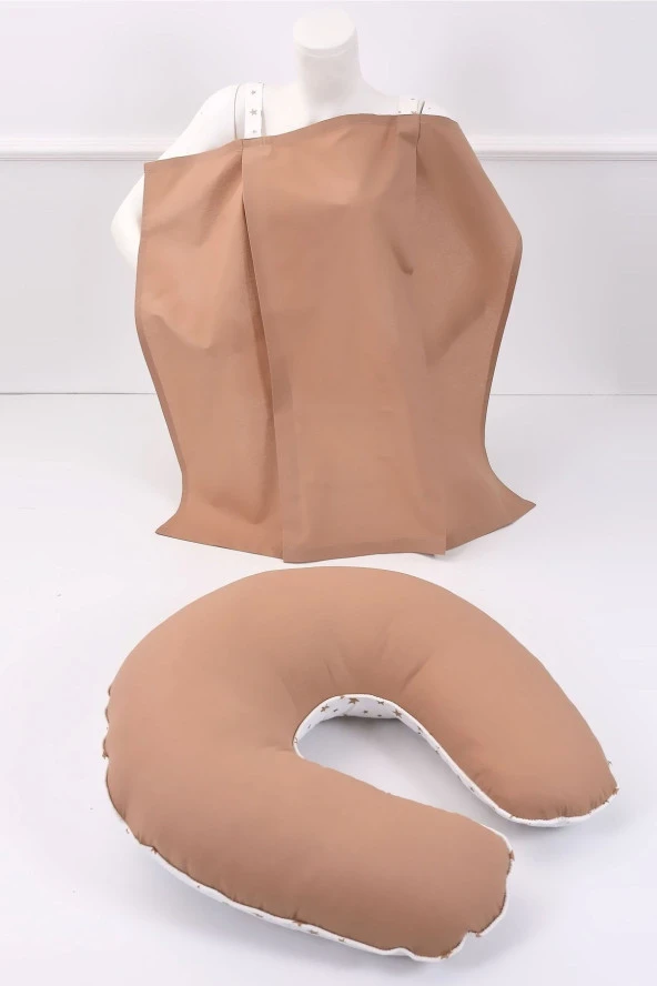 Umaybebek Emzirme Yastığı, Emzirme Önlüğü Set - %100 Pamuk - Kahve Yıldız-