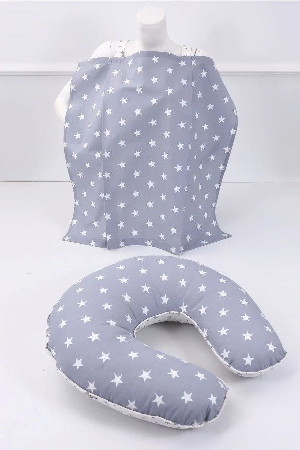 Umaybebek Emzirme Yastığı, Emzirme Önlüğü Set - Pamuklu Kumaş - Açık Gri Yıldız-
