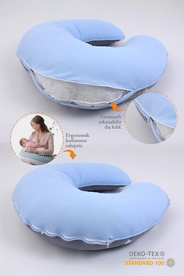 Umaybebek Emzirme Yastığı, Emzirme Önlüğü Set - Pamuklu Kumaş - Koyu Gri Mavi- - 2