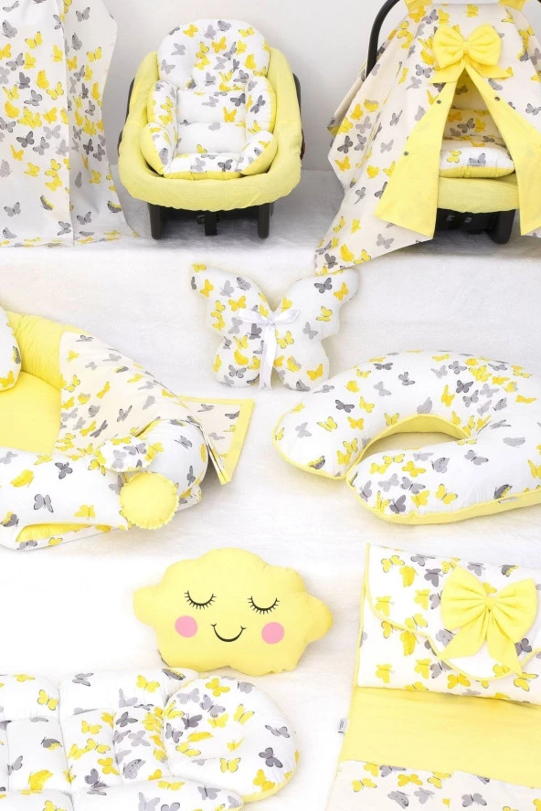 Umaybebek Babynest Puset Örtüsü Alt Açma Emzirme Yastığı Bel Destekli Ana Kucağı Bebek Arabası Minderi-panço-Sarı Kelebek P - 3