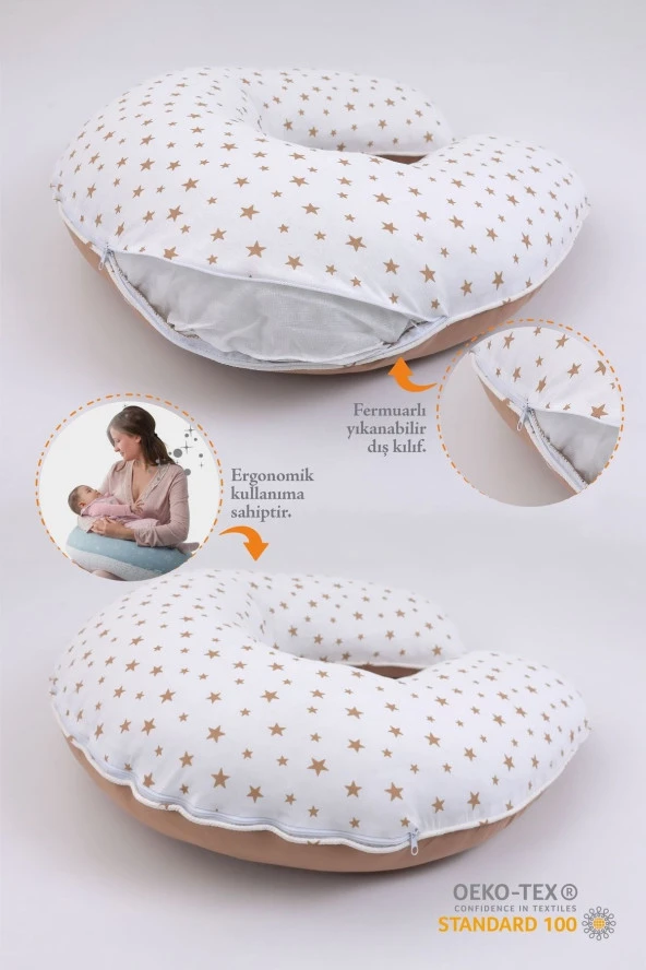 Umaybebek Emzirme Yastığı, Emzirme Önlüğü Set - %100 Pamuk - Kahve Yıldız- - 2