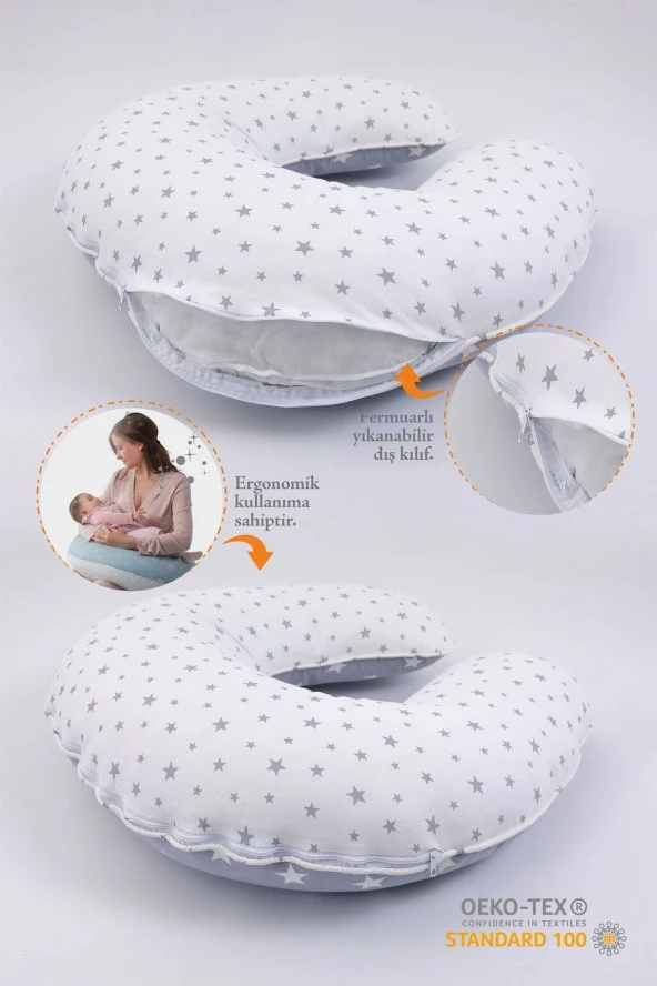 Umaybebek Emzirme Yastığı, Emzirme Önlüğü Set - Pamuklu Kumaş - Açık Gri Yıldız- - 2