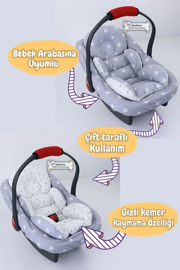 Umaybebek 4 Parça - Puset Örtüsü, Bel Destekli Bebek Arabası Minderi, Puset Minderi, Puset Çarşafı - Tutmalı-Açık Gri Yıldız T - 3