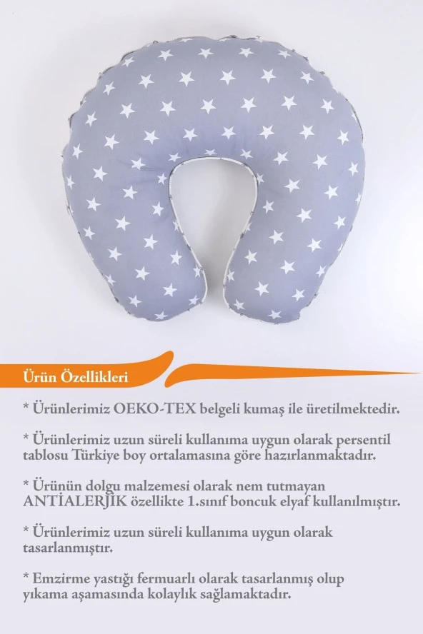 Umaybebek Emzirme Yastığı, Emzirme Önlüğü Set - Pamuklu Kumaş - Açık Gri Yıldız- - 3