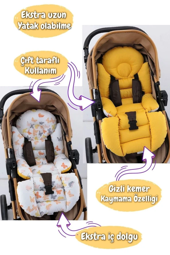 Umaybebek 4 Parça - Puset Örtüsü, Bel Destekli Bebek Arabası Minderi, Puset Minderi, Puset Çarşafı - Panço-Hardal Kelebek P - Resim 2