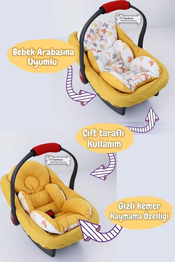 Umaybebek 4 Parça - Puset Örtüsü, Bel Destekli Bebek Arabası Minderi, Puset Minderi, Puset Çarşafı - Panço-Hardal Kelebek P - Resim 3