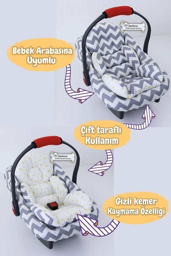 Umaybebek 4 Parça - Puset Örtüsü, Bel Destekli Bebek Arabası Minderi, Puset Minderi, Puset Çarşafı - Tutmalı-Gri Zikzak T - 3