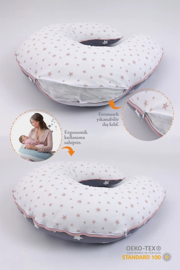 Umaybebek Emzirme Yastığı, Emzirme Önlüğü Set - Pamuklu Kumaş - Koyu Gri Pudra- - 2