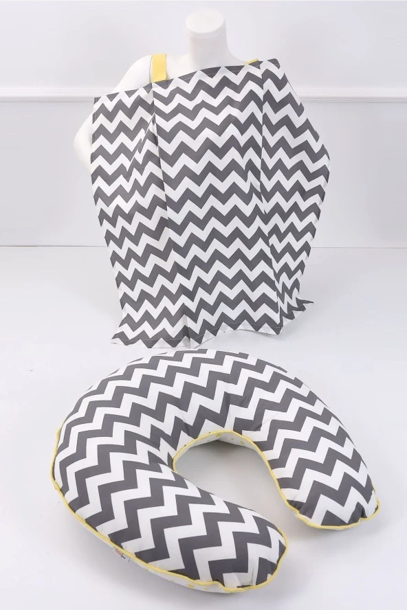 Umaybebek Emzirme Yastığı, Emzirme Önlüğü Set - Pamuklu Kumaş - Gri Zikzak-