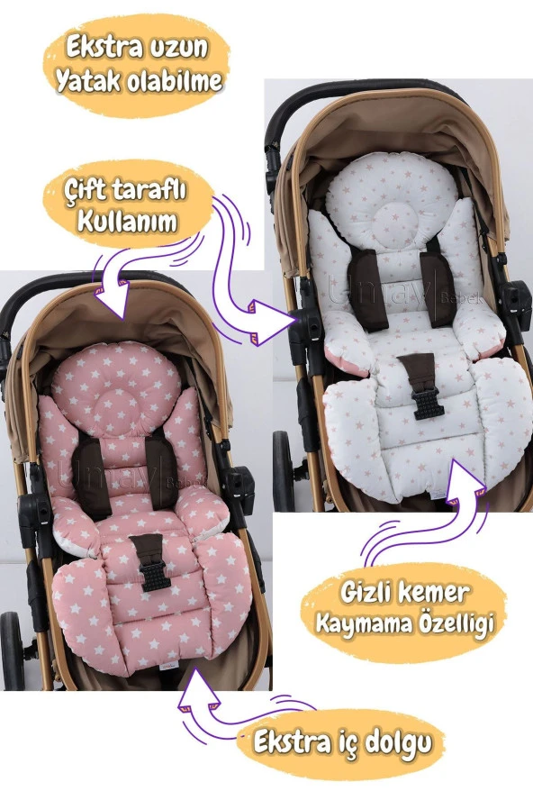 Umaybebek 4 Parça - Puset Örtüsü, Bel Destekli Bebek Arabası Minderi, Puset Minderi, Puset Çarşafı - Tutmalı-Pudra Yıldız T - 2