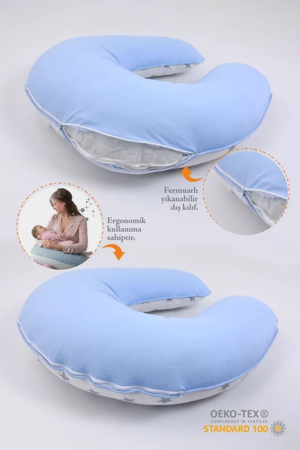 Umaybebek Emzirme Yastığı, Emzirme Önlüğü Set - Pamuklu Kumaş - Mavi Beyaz Yıldız- - Resim 2