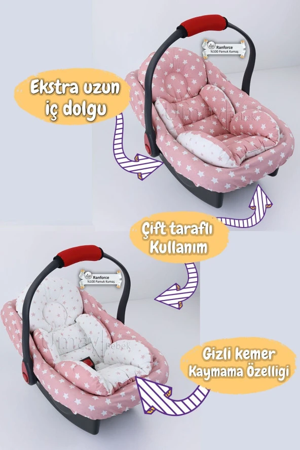 Umaybebek 4 Parça - Puset Örtüsü, Bel Destekli Bebek Arabası Minderi, Puset Minderi, Puset Çarşafı - Tutmalı-Pudra Yıldız T - 3