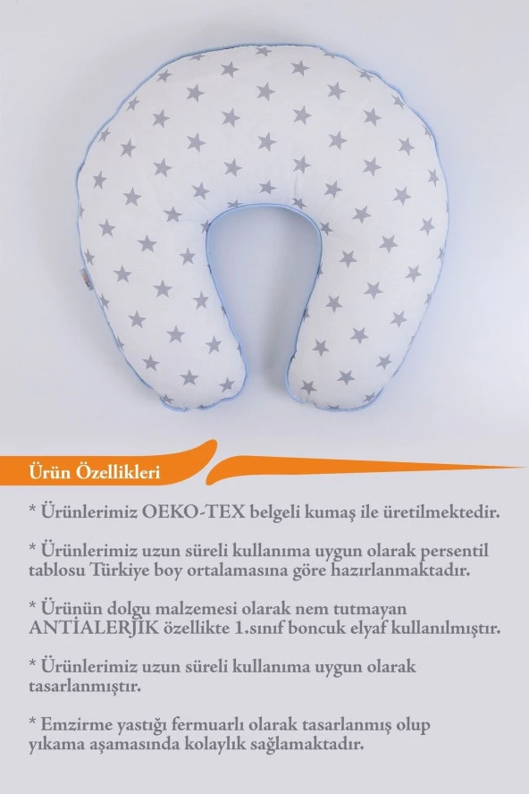 Umaybebek Emzirme Yastığı, Emzirme Önlüğü Set - Pamuklu Kumaş - Mavi Beyaz Yıldız- - Resim 3