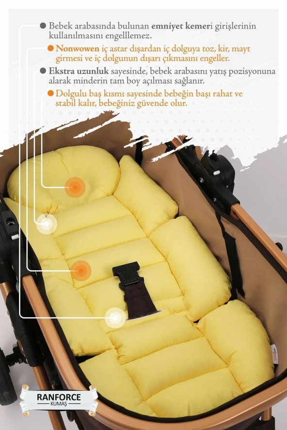 Umaybebek Ortopedik Bel Destekli Bebek Arabası Minderi, Pamuk Kumaş - Orijinal Ürün-Sarı - 3