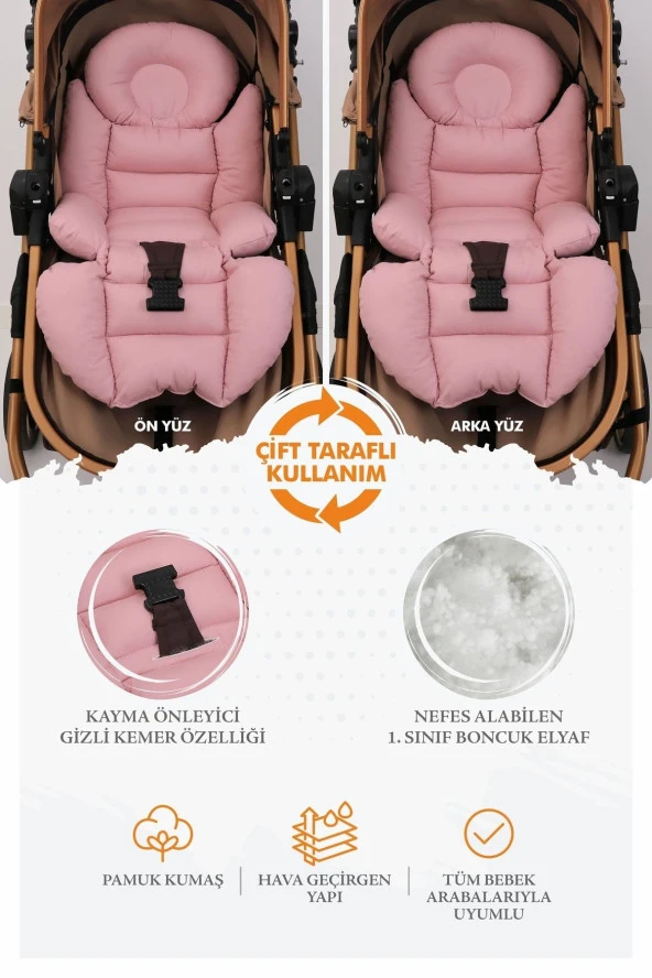 Umaybebek Ortopedik Bel Destekli Bebek Arabası Minderi, Pamuk Kumaş - Orijinal Ürün-Pudra - 2