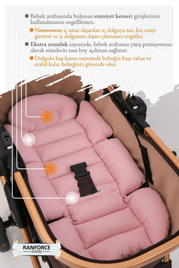 Umaybebek Ortopedik Bel Destekli Bebek Arabası Minderi, Pamuk Kumaş - Orijinal Ürün-Pudra - 3