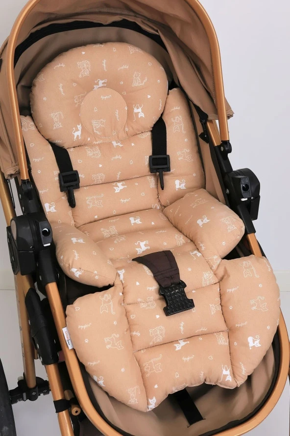 Umaybebek Ortopedik Bel Destekli Bebek Arabası Minderi, Pamuk Kumaş - Orijinal Ürün-Kahve Kedi