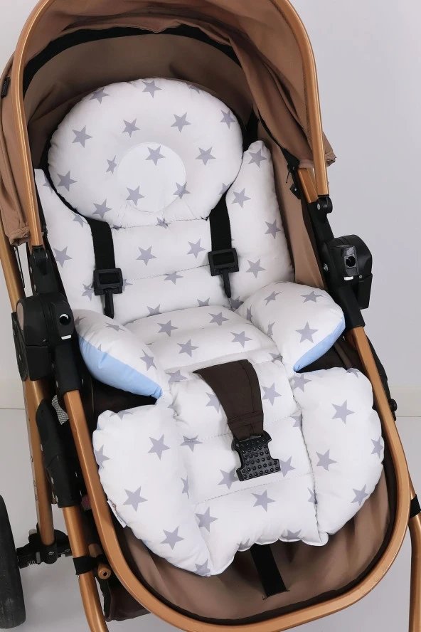 Ortopedik Bel Destekli Bebek Arabası Minderi, Pamuk Kumaş - Orijinal Ürün-Mavi Beyaz Yıldız