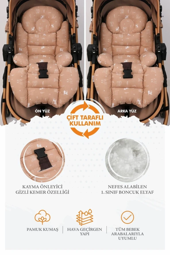Umaybebek Ortopedik Bel Destekli Bebek Arabası Minderi, Pamuk Kumaş - Orijinal Ürün-Kahve Kedi - 2