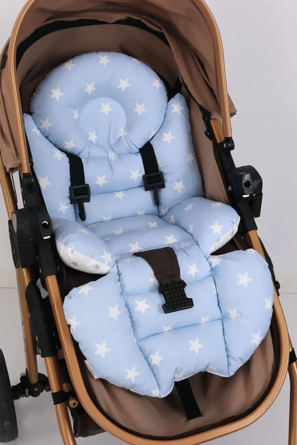 Ortopedik Bel Destekli Bebek Arabası Minderi, Pamuk Kumaş - Orijinal Ürün-Mavi Yıldız